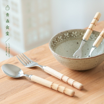 < Qingsen Canteen > Japan System Meister Hand Three Bento Wire Wood Handle Stainless Steel Sweet Spoon Fork Cutlery