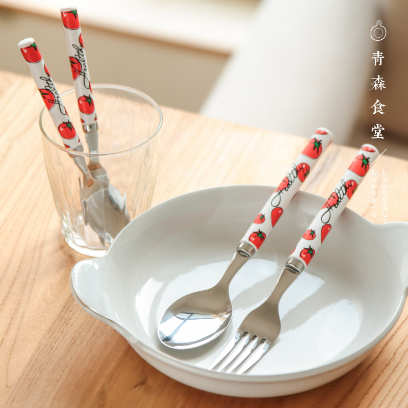 < Qingsen Canteen > Japan System High Mulberry Metal Cute Red Tomato Resin Handle Stainless Steel Cutlery Sweet Spoon Fork