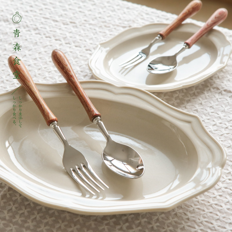 < Qingsen Cafeteria > Japanese Western-style retro cherry wood handle Stainless Steel Sweet Spoon Fork Cream Knife Cutlery