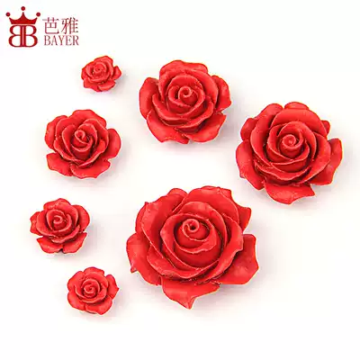 Red cinnabar lacquer carved roses scattered beads handmade ring earrings hand accessories material