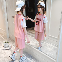 2022 Summer Dress New Girl Suit Basketball Clothes Girls Fake Two Short Sleeves Children Sports Pants Two Sets