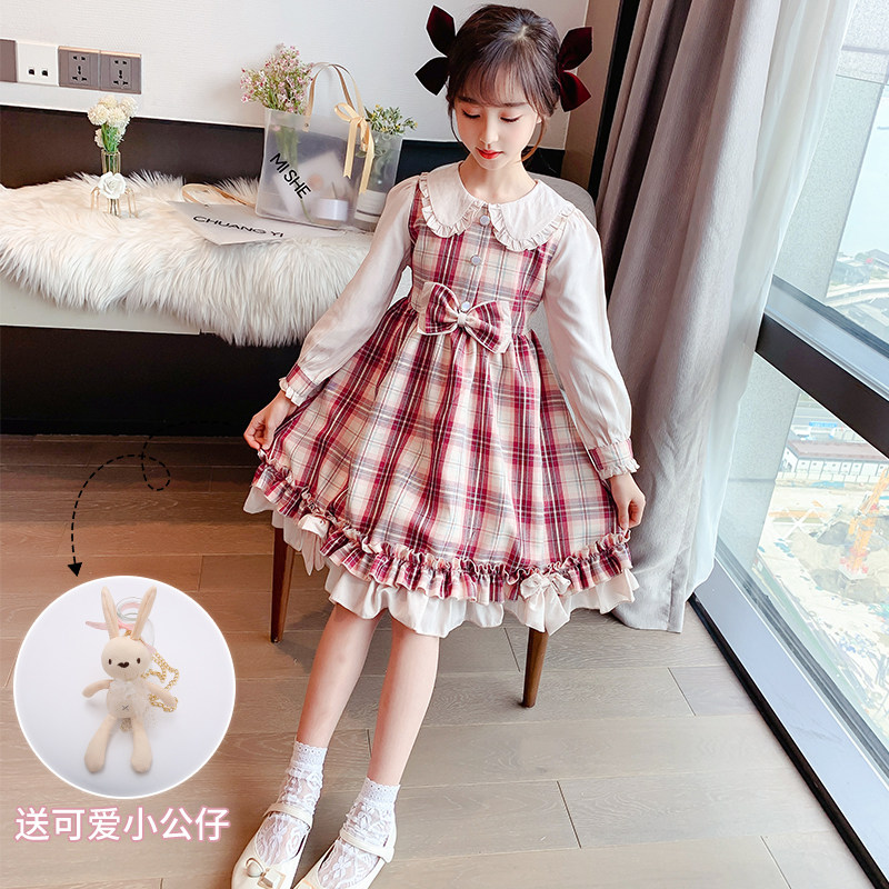 2022 New Spring Women's Great Children Foreign Dress Children Foreign Pie Long Sleeve Dress Girl Doll Collar Plaid Princess Dress