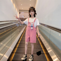 Girls summer clothing suit 2022 new foreign air Korean version CUHK childrens clothing short sleeve child back belt pants summer two sets