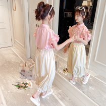 Girls summer clothing suit 2021 new Korean version children foreign air shirt slim fit girl wide leg pants two sets of damp