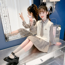 Girls Academy Wind Jacket Dress Spring Dress 2022 New Children Knit Vest One-piece Dress Girl Two Suits Spring Autumn