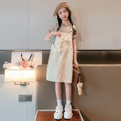 ເດັກຍິງ suspender skirt summer suit 2024 ໃຫມ່ຂອງເດັກນ້ອຍ summer ແບບ dress ເດັກນ້ອຍແຂນສັ້ນ princess skirt