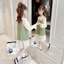 Girl Dress Dress Spring Dress 2022 New CUHK Children Skirt Suit Long Sleeve Tide Dress Braces Dress Spring Autumn Two Sets