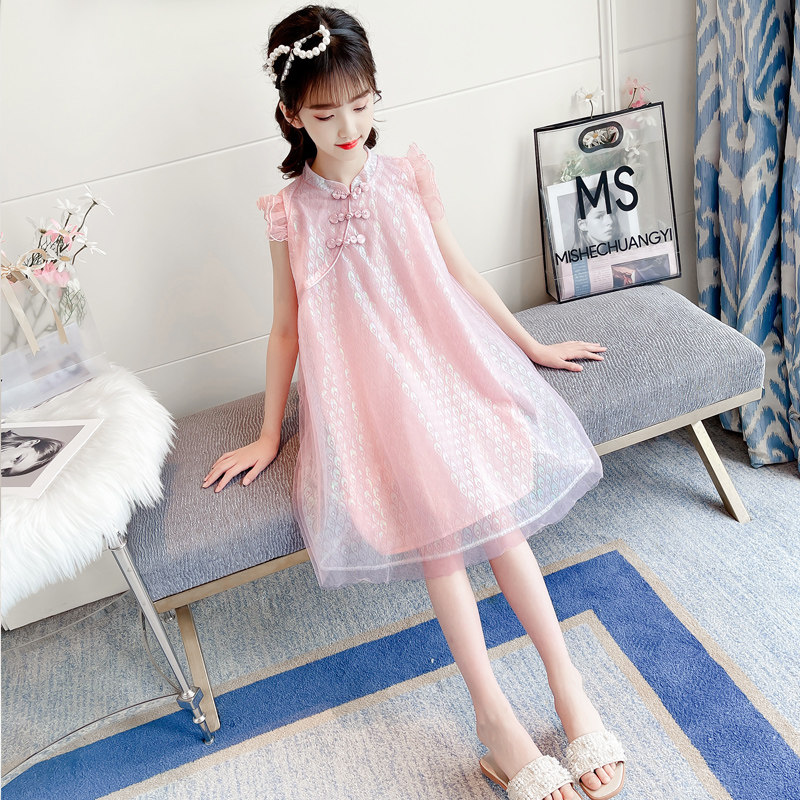 Girls' cheongsam dress summer 2022 new western style children's summer dress mesh skirt girl Hanfu princess dress
