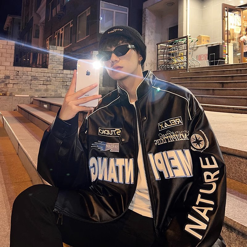 Extra Large Size 150kg American Retro Bomber Jacket for Men, Autumn Trendy Brand Motorcycle Jacket, Loose Baseball Jacket Coat2 Extra Large Size 150kg American Retro Bomber Jacket for Men, Autumn Trendy Brand Motorcycle Jacket, Loose Baseball Jacket Coat2