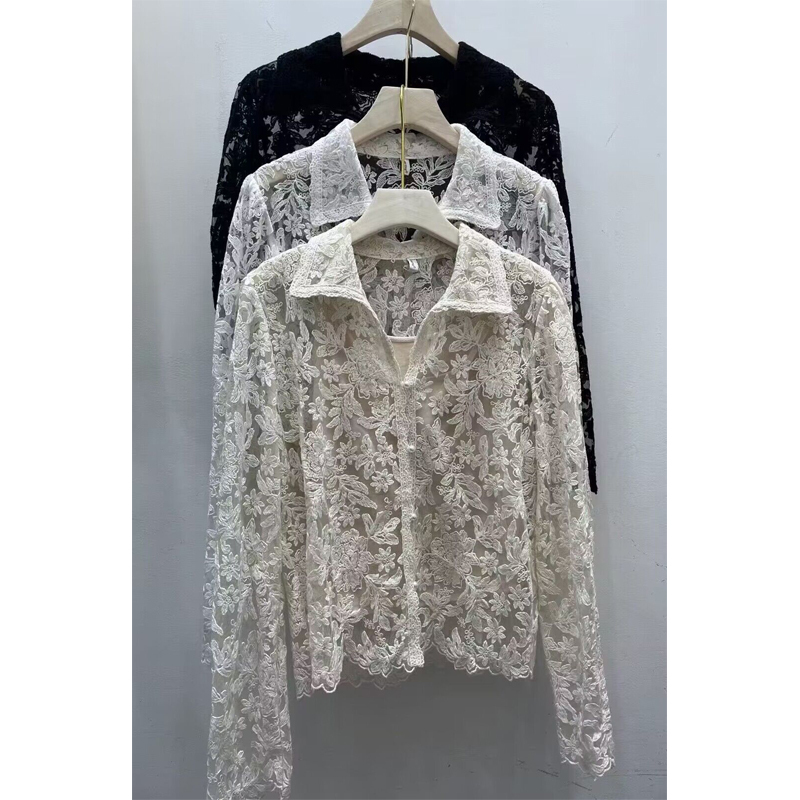 Lace Embroidered Shirt for Women, Long-Sleeved, Turn-Down Collar, 2023 Autumn New Design, Sheer, Sexy, Elegant Base Top Lace Embroidered Shirt for Women, Long-Sleeved, Turn-Down Collar, 2023 Autumn New Design, Sheer, Sexy, Elegant Base Top
