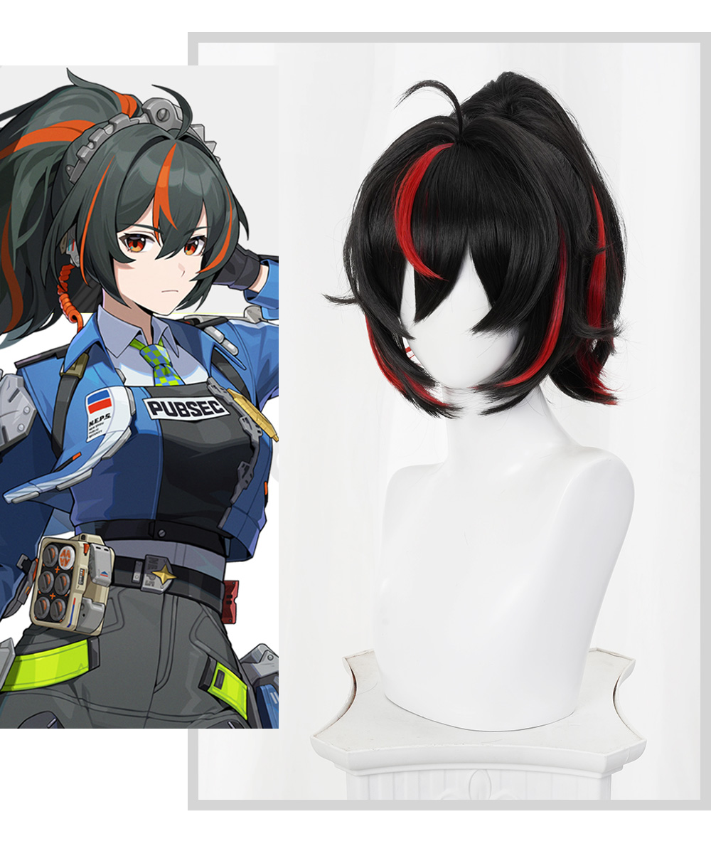 Zenless Zone Zero Zhu Yuan Cosplay Perücke 35cm Kurz Schwarz Rot für Frauen Mädchen Halloween 80