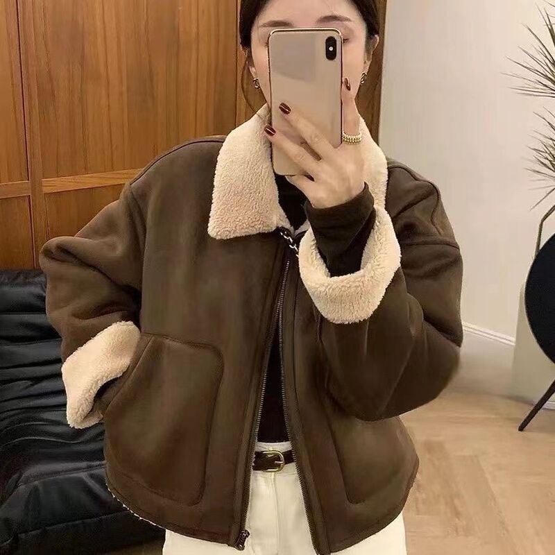 Maillard Retro Style Suede Fur Integrated Lamb Wool Cotton Coat Women's Winter Short Lamb Wool Cotton Jacket