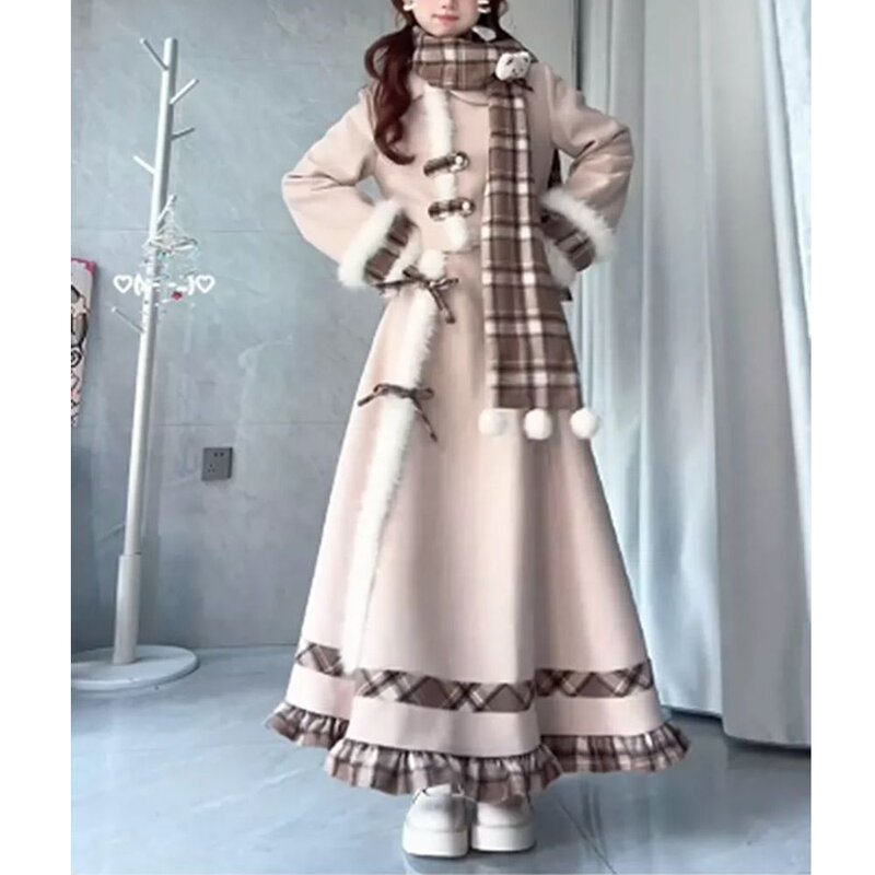 Sweet Christmas Outfit: Long Dress with Plaid Patchwork, Scarf, Woolen Cardigan, Slim-Fit Skirt Two-Piece Set for Autumn and Winter
