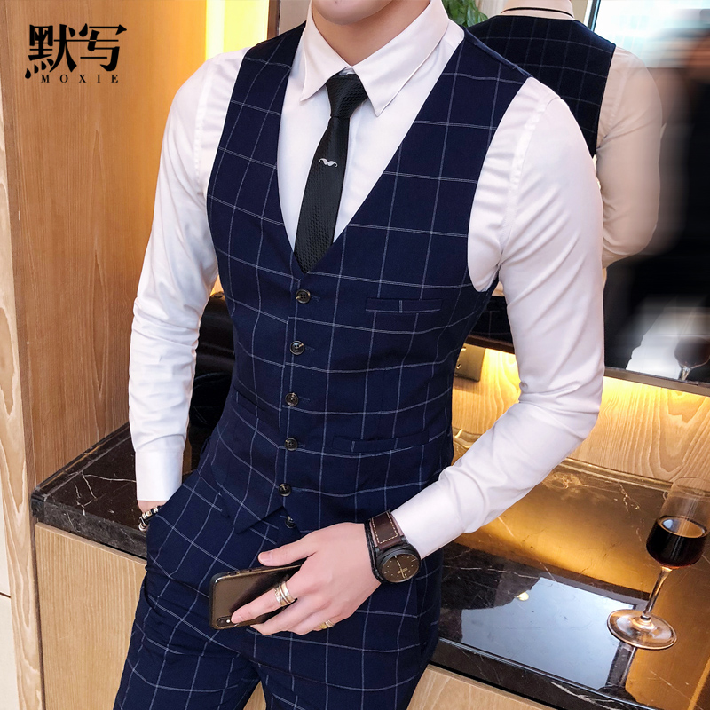 Silent Korean plaid casual outside the back of the heart male Korean slim horse clip men's British Waistcoat hipster vest young man
