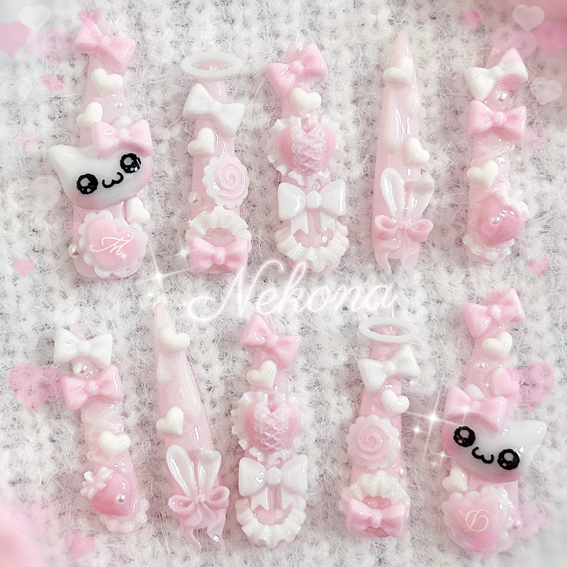 [in Stock] Cat Claw Bathtub｜Gal Style, Cute Cream Style, Pink and White, Vintage and Luxurious Press-On Nails