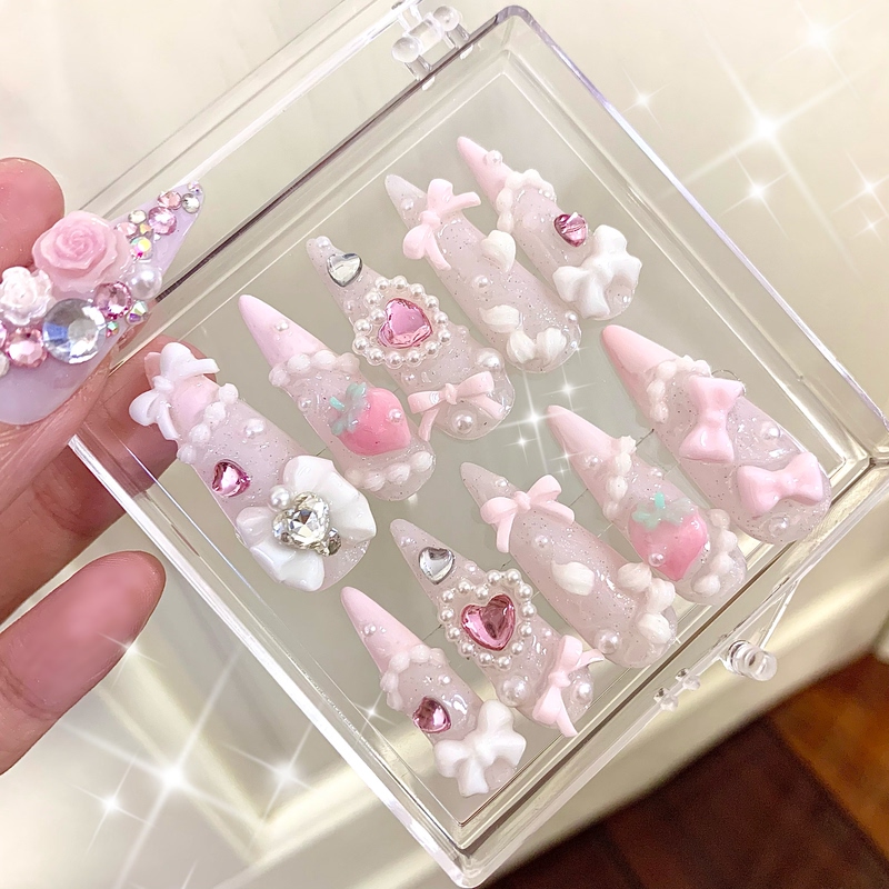 [in Stock] Cat Claw Bathtub｜Gal Style Cream Pink Strawberry Super Cute Sparkling Retro Press-On Nails