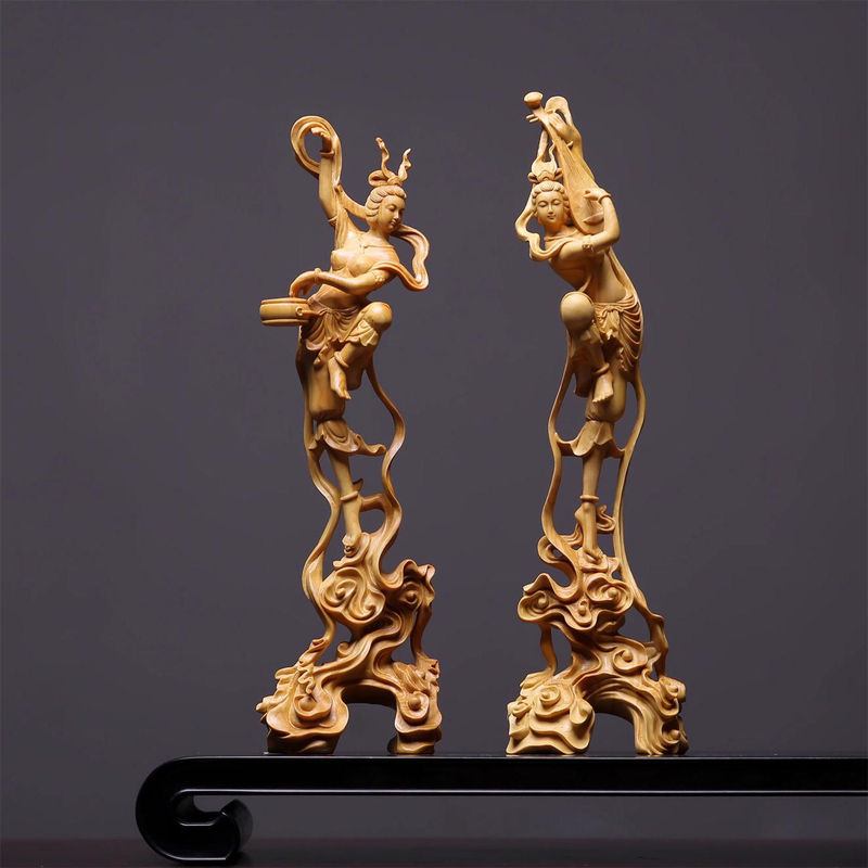 Dunhuang Feitian Boxwood Carving Crafts Ornament Decoration for Home Living Room Solid Wood Gift 23cm