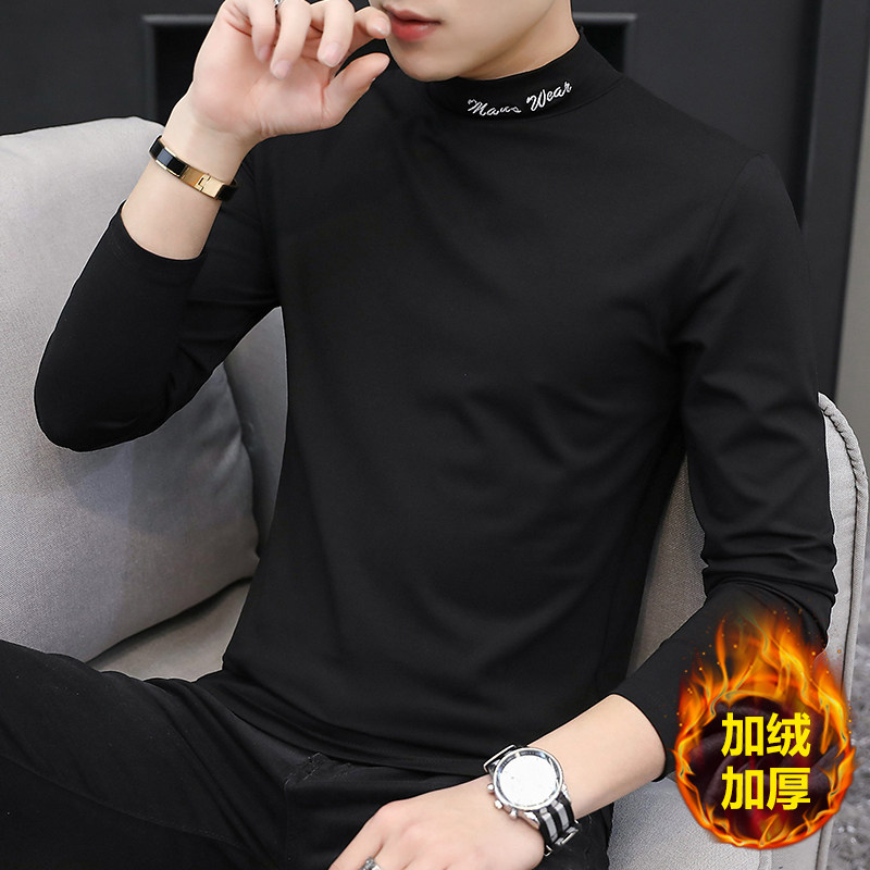 Modal long-sleeved T-shirt men's 2020 autumn and winter velvet semi-turtleneck base shirt men's long-sleeved Korean version of the tide top