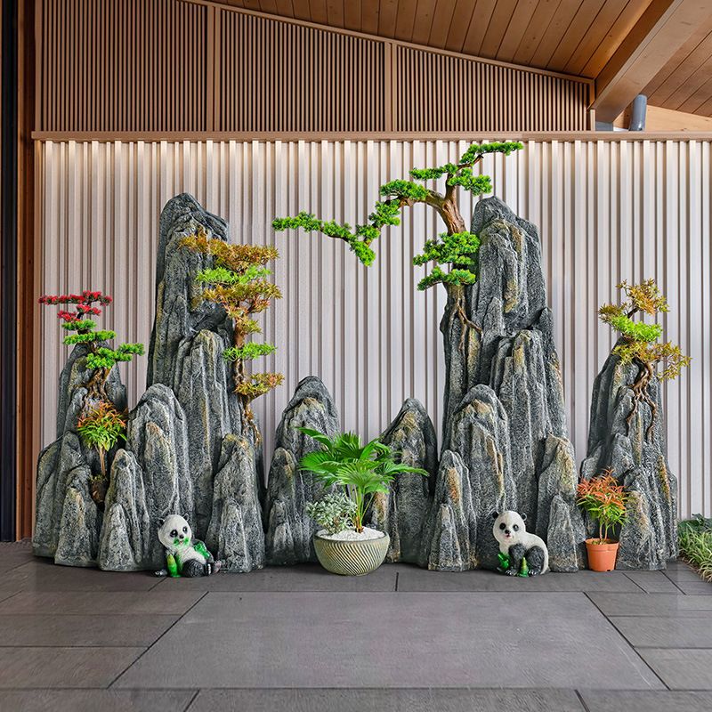 Artificial Rockery for Landscaping, Simulated Dry Mountain, Outdoor Chinese-Style Courtyard Layout, Fish Pond Decoration, Green Plant Ornaments, Welcoming Pine
