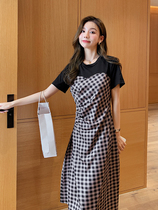 Austronesian style large size womens clothing fat sister mm new stitching pleated plaid dress slim temperament long skirt