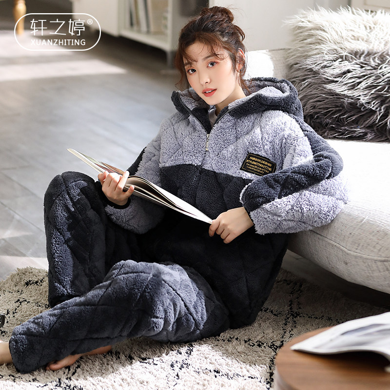 Pajamas Woman Winter 2020 New Thickened Coral Suede Clip Cotton Home Conserved Three Floors Extras Warm Plus Suede Winter Style