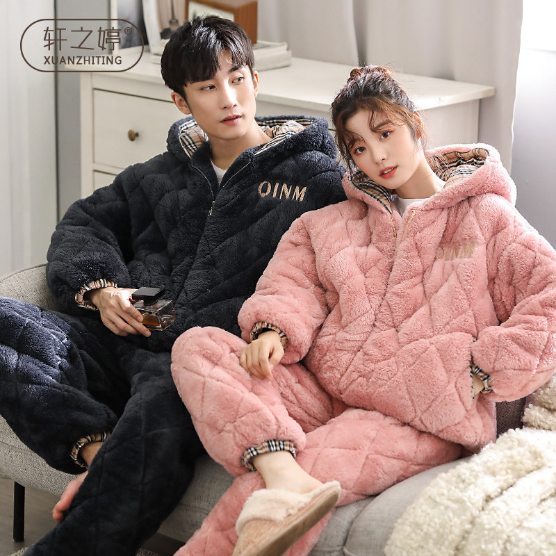 Lovers' pyjamas winter thickened with velvety coral suede female triple laminated cotton large size can be worn outside the men's autumn and winter style home clothes