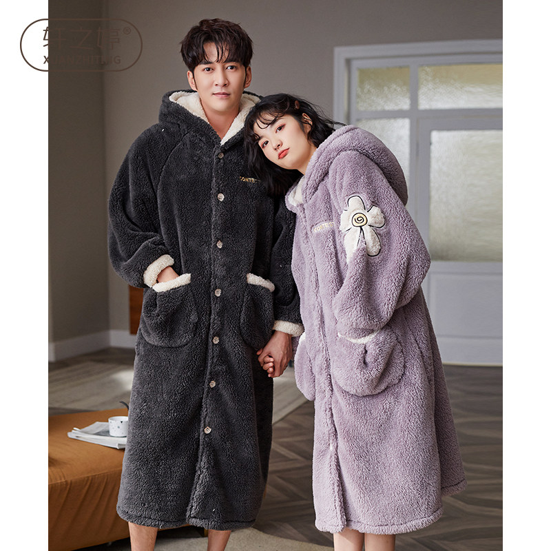 Couple autumn winter dressing gown female long edition thickened warm and cute cap flannel men can wear winter pajamas
