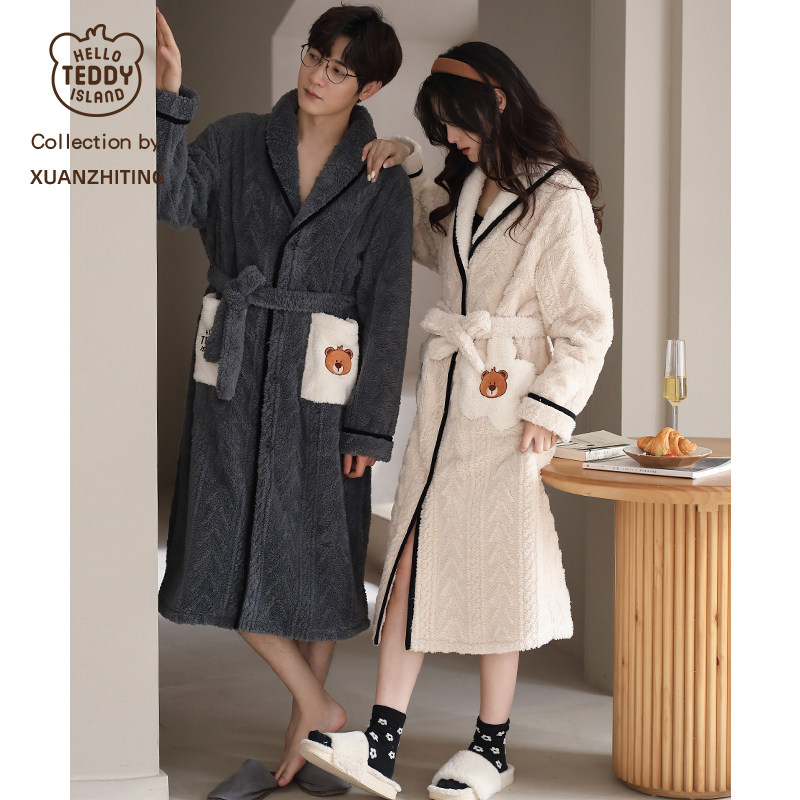 Teddy World Lovers Sleeping Robes Winter Coral Suede Thickened Garnter Woman Long Version Flannel Male Bathrobe for autumn and winter pyjamas