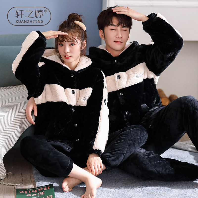 Couple pajamas winter coral fleece thickened plus velvet women's three-layer quilted hood can be worn outside men's home clothes winter