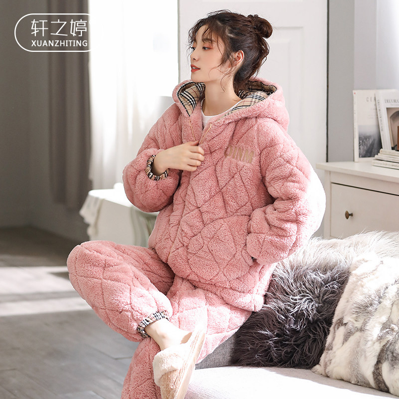 Pajamas Woman Winter Thickened Coral Flannel Triple Clip Cotton Cute Home Wear Warm Can External Wear Plus Suede Winter Suit