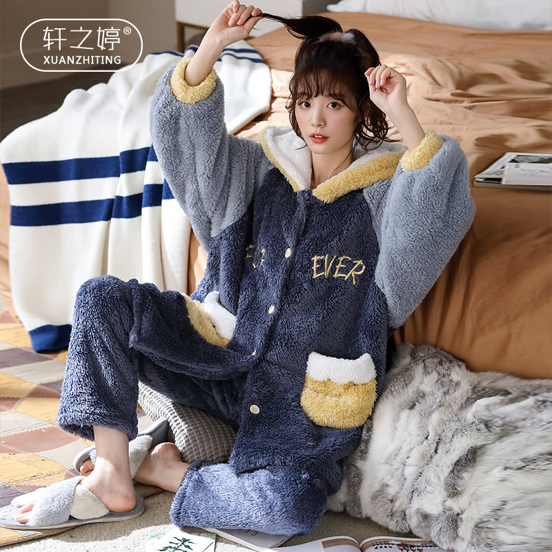 Coral Suede Pajamas Woman Thicken Plus Suede Winter Cute Mid-Length Version Extras Wear Home Clothing Warm Flange Suede Winter
