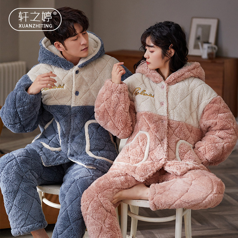 Pyjamas Winter Couple Three Layers Cotton Coral Velvet Cotton Cotton Could Wear Winter Household Wear Warm Set