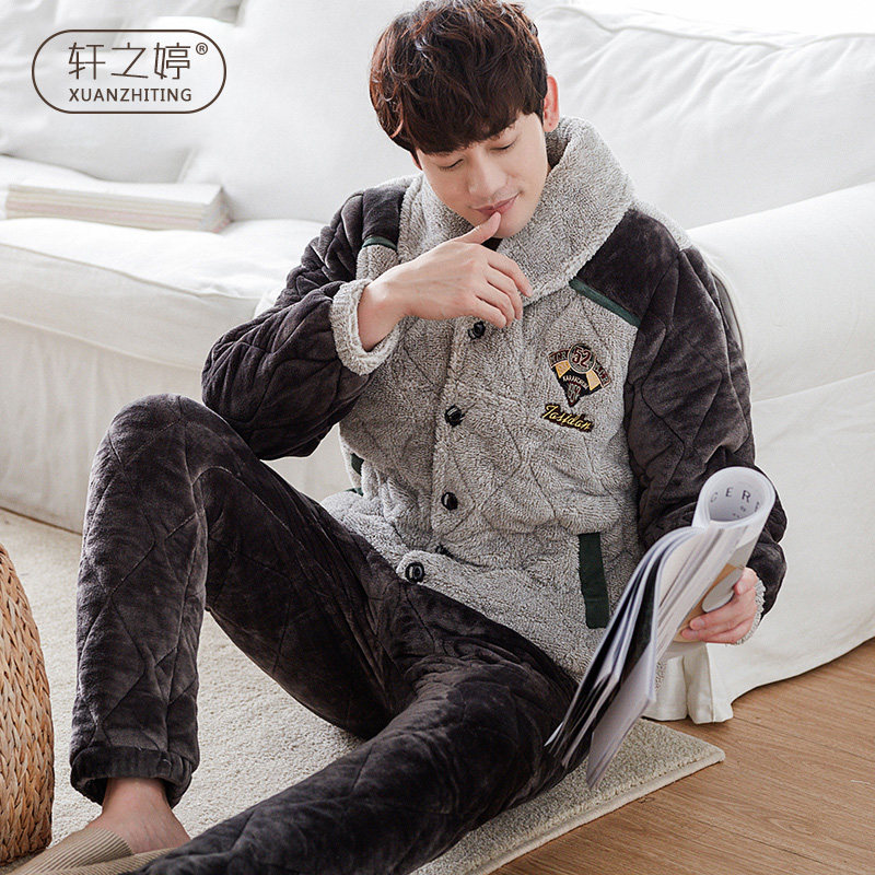 Pajamas men's winter coral fleece thickened quilted ultra-thick can be worn outside flannel home clothes autumn and winter style padded jacket suit