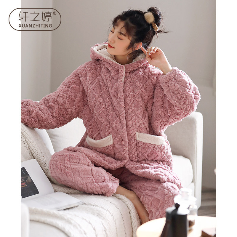 Coral fleece pajamas women's thickened winter cute three-layer quilted can be worn outside home clothes plus fleece warm suit winter