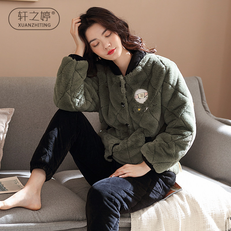 Winter pyjamas women's triple layer clip cotton cute extras in winter Coral Suede Thickened Garnter Warm Winter style Home Home Clothing