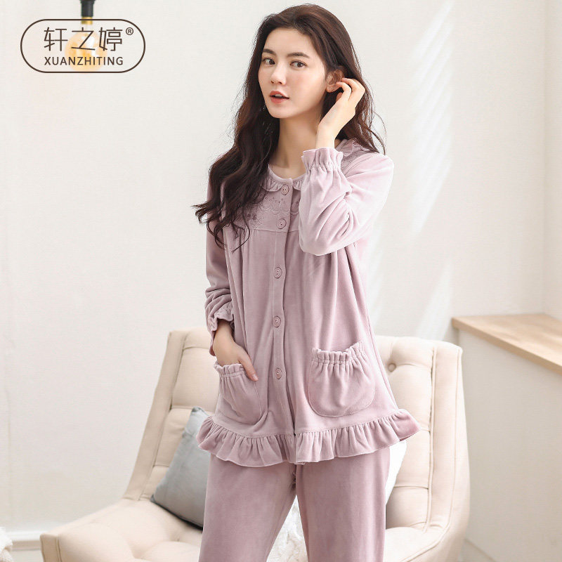 Velvet Velvet Pyjamas Woman Long Sleeve Autumn Winter Coral Suede Thin Suede Flannel Winter Flannel Suede Home Clothing Spring and Autumn Suite