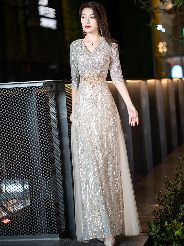 Plus-Size Evening Dress for Women, Elegant for Banquets, 100kg Slimming and Flattering Sequin Long Dress for Hosting Annual Meetings