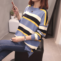 Fat girl belly sweater female pullover autumn and winter new large size womens clothing foreign style age reduction fat mm long-sleeved striped sweater