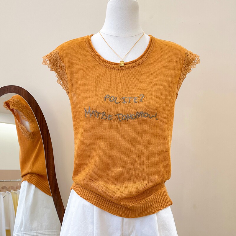 Guangzhou Thirteen Lines Letter Embroidery Lace Flutter Sleeve Knit Top in Ice Silk Pumpkin Orange with a Unique Design
