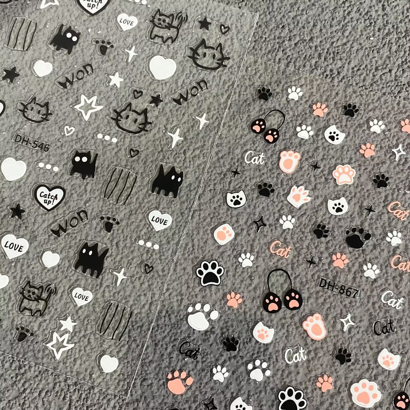 Childlike Graffiti Little Black Cat Nail Stickers Cute Kitten Cat Paw Thin Tough Adhesive Waterproof Nail Stickers Decoration