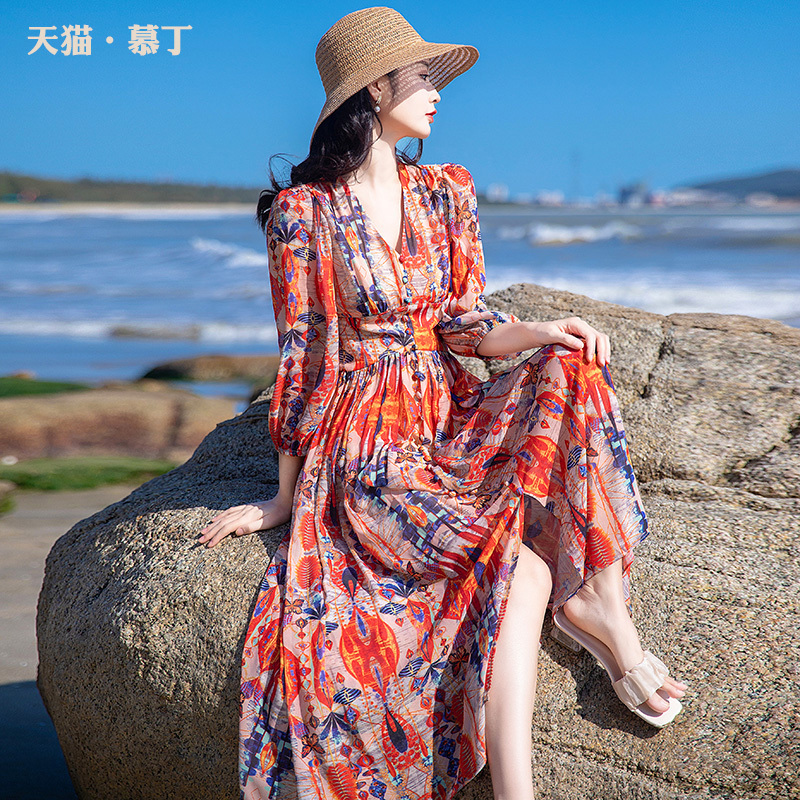 Bohemian Dress Summer Seaside Vacation Beach Dress Yunnan Dali Travel Spring and Autumn Dress Chiffon Long Dress Bohemian Dress Summer Seaside Vacation Beach Dress Yunnan Dali Travel Spring and Autumn Dress Chiffon Long Dress