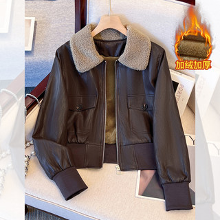 棕色加绒皮衣2025新款今年流行爆款洋气高级感冬装加厚短款外套女
