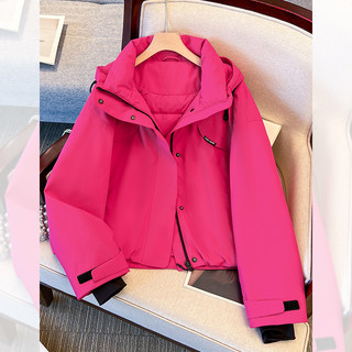玫红色连帽工装羽绒服女短款2025冬季新款90白鸭绒保暖外套冲锋衣