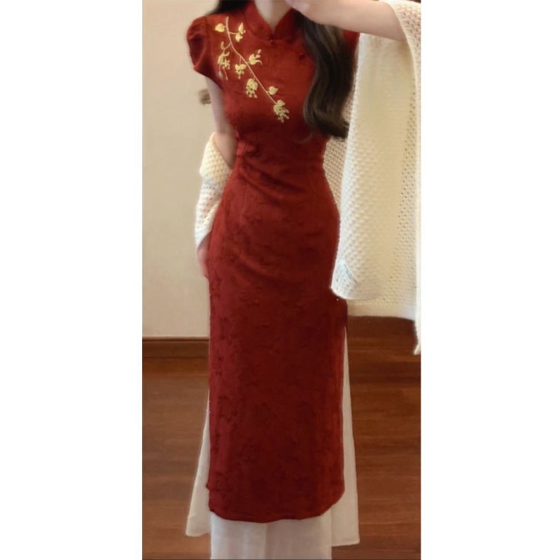 New Chinese-Style Retro Red Jacquard Faux Two-Piece Embroidered Qipao Dress for Women, Summer Engagement and Wedding Dress