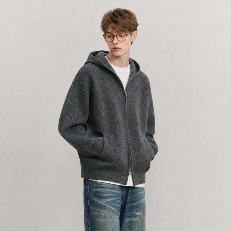 Cegffh American Retro Hooded Zipper Cardigan Sweater for Men and Women, Gray Loose Knit Sweater with a Lazy Vibe Cegffh American Retro Hooded Zipper Cardigan Sweater for Men and Women, Gray Loose Knit Sweater with a Lazy Vibe