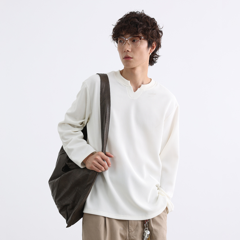 Cegffh American Retro V-Neck Long-Sleeve T-Shirt for Men, Autumn Style, Niche Loose-Fitting Base Shirt, V-Neck Loose Lazy Top