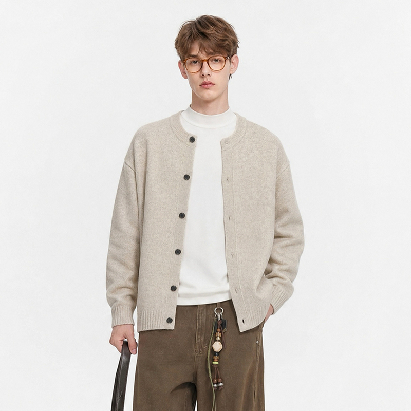 Cegffh Simple Old Money Style Wool Blend Crew Neck Sweater Autumn and Winter Soft and Loose Cardigan