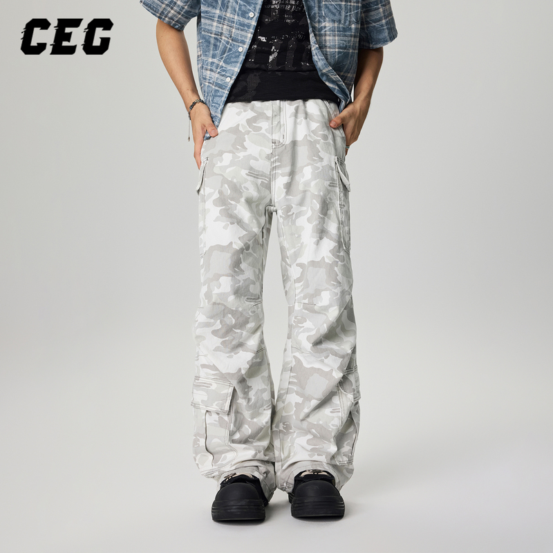 Cegffh American Retro Multi-Pocket Washed Camouflage Workwear Functional Pants Unisex Loose Straight Wide-Leg Casual Pants