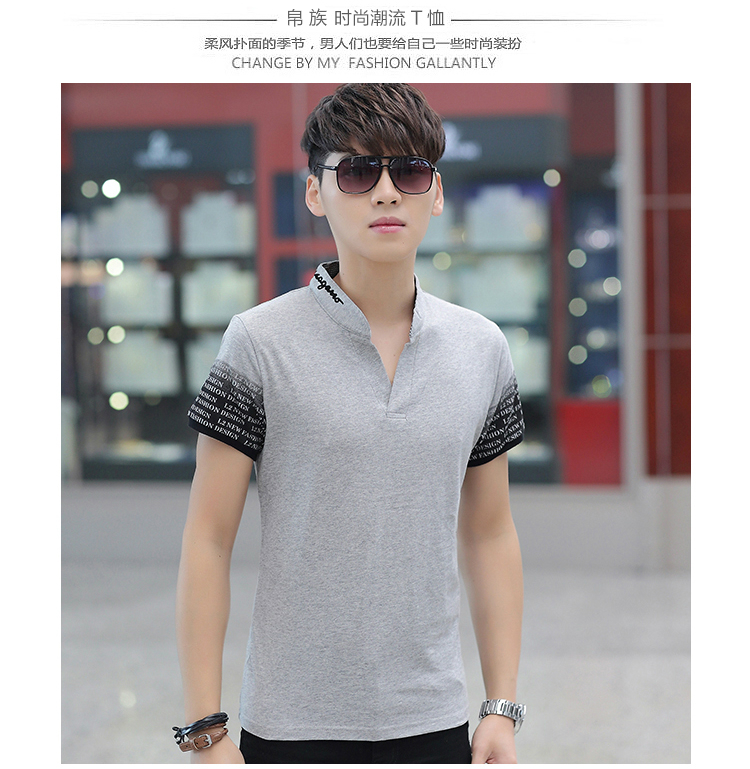Yi mùa hè mới nam áo thun ngắn tay Cotton cotton cổ chữ V in hình áo thun học sinh thanh niên ao thun polo nam