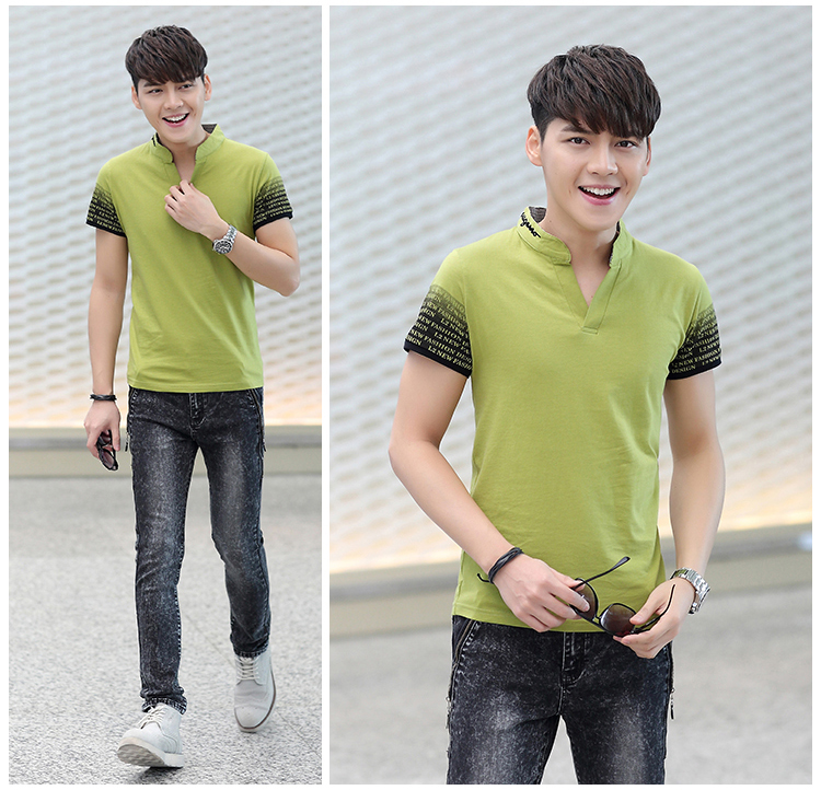 Yi mùa hè mới nam áo thun ngắn tay Cotton cotton cổ chữ V in hình áo thun học sinh thanh niên ao thun polo nam
